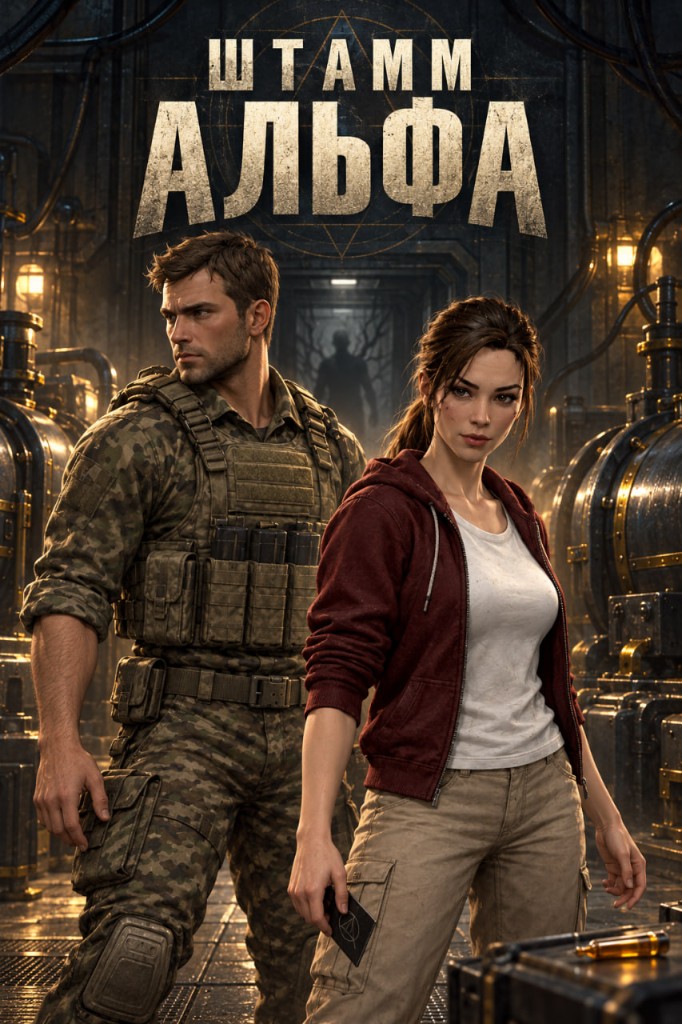 Постер игры «Штамм Альфа»: двое выживших на базе, в глубине коридора — силуэт